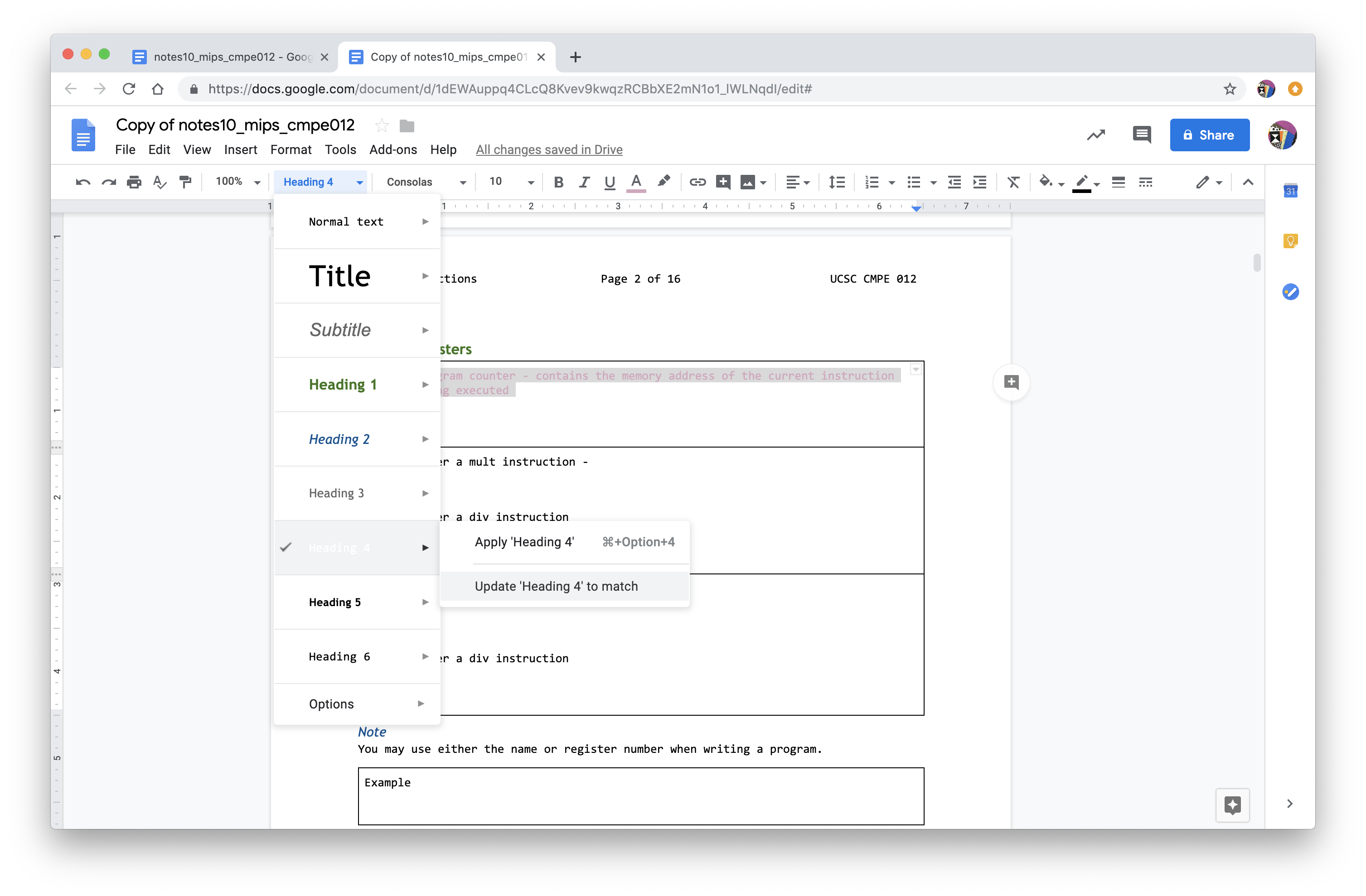 Screenshot of heading selection menu -> Heading 4 -> Update 'Heading 4' to match.