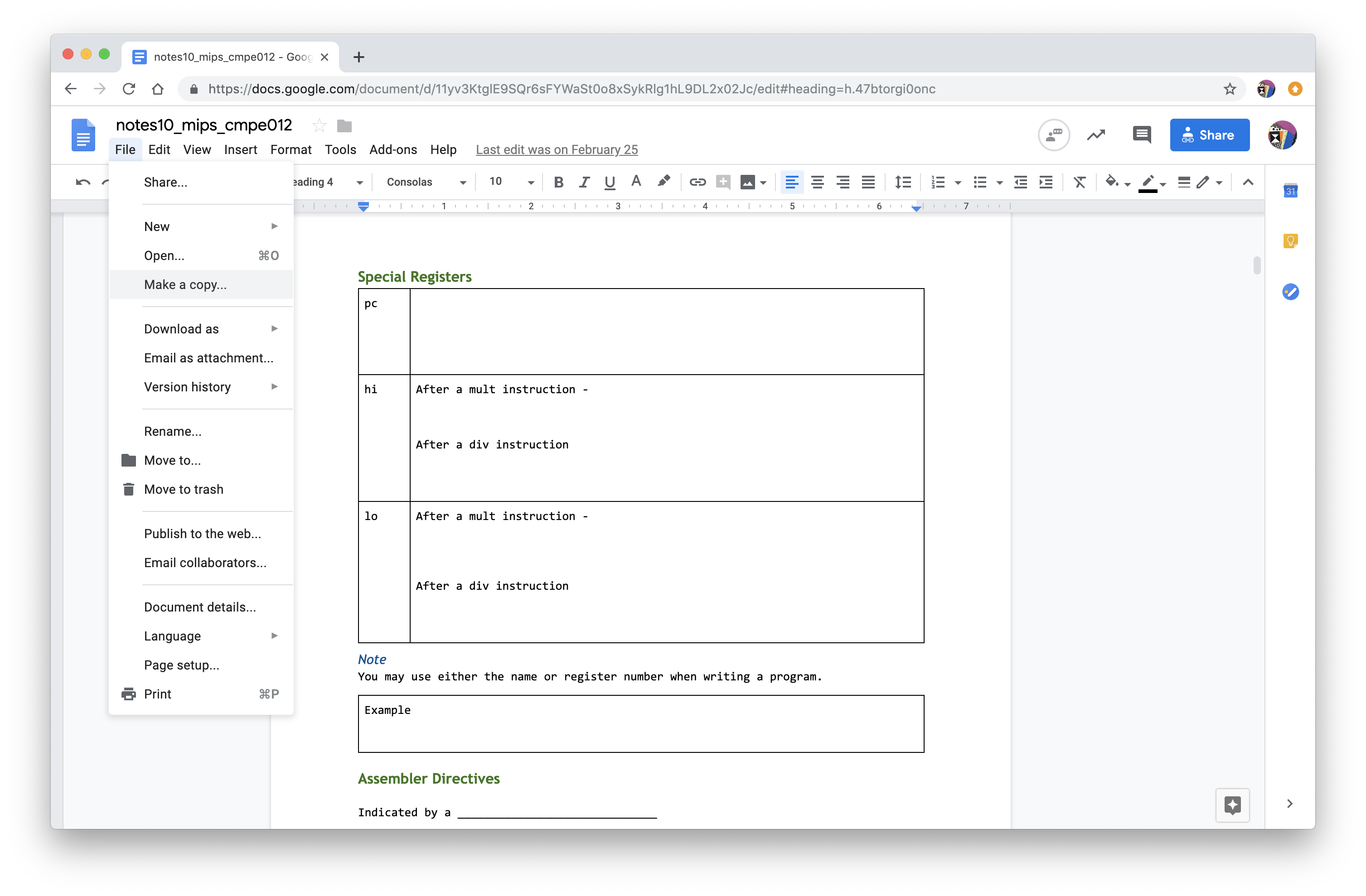 Google Docs screenshot of file menu -> make a copy.