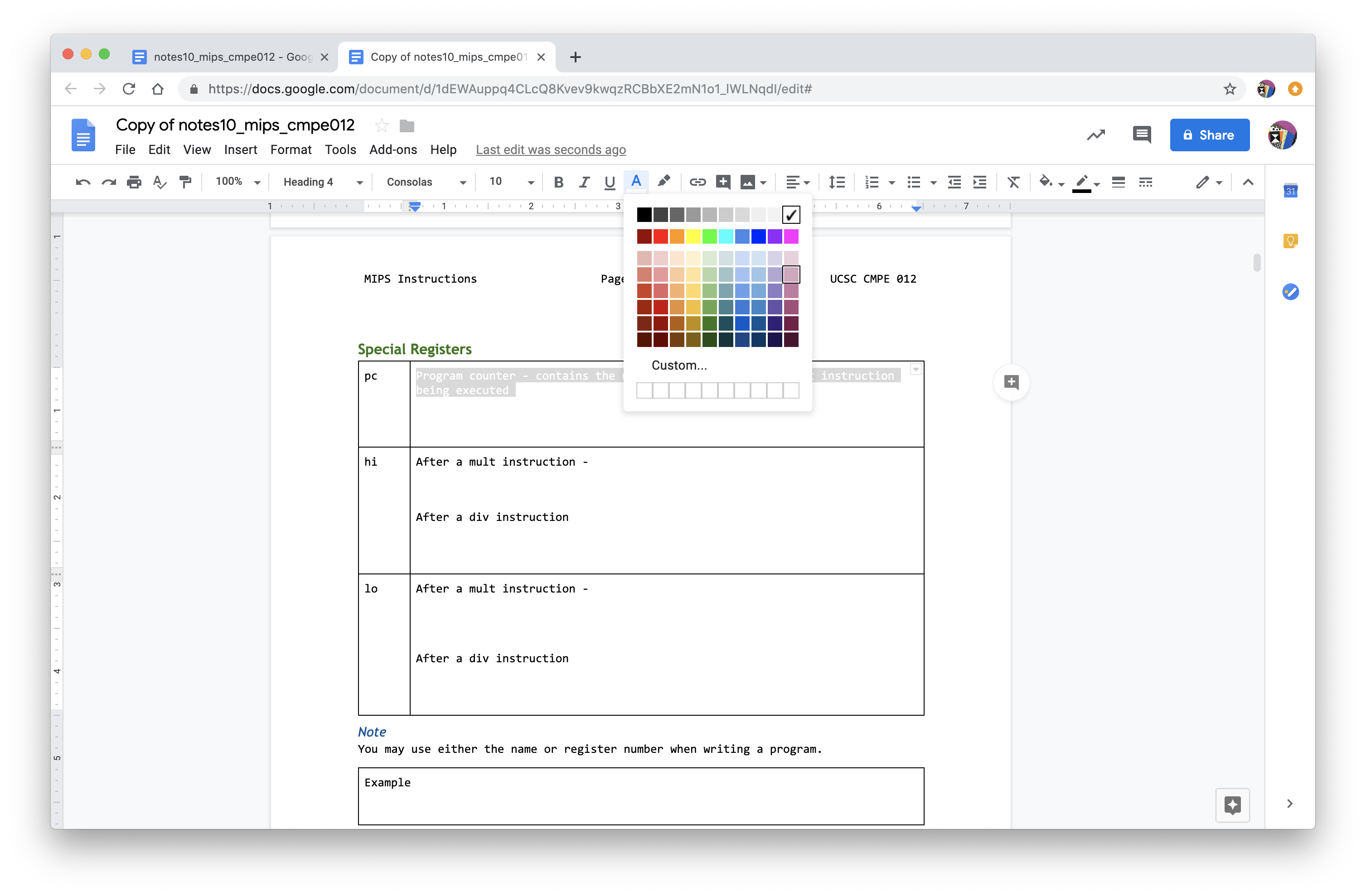 Screenshot of text color selection.